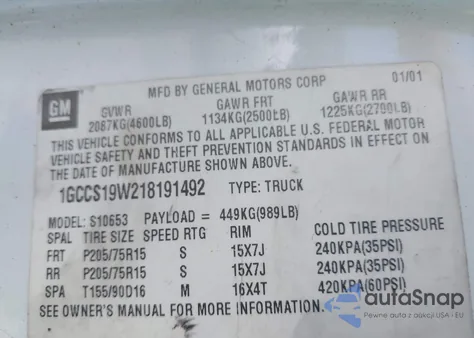 2001 Chevrolet S-10 Ls from USA, damaged, VIN 1GCCS19W218191492